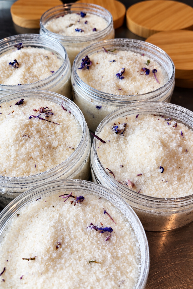 Open Wild Alaska bath soak jars with mineral salts and botanicals
