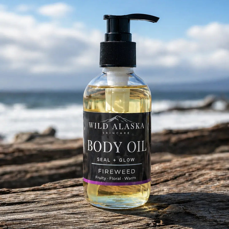 Bottle of Wild Alaska Body Oil on a wooden surface with ocean view