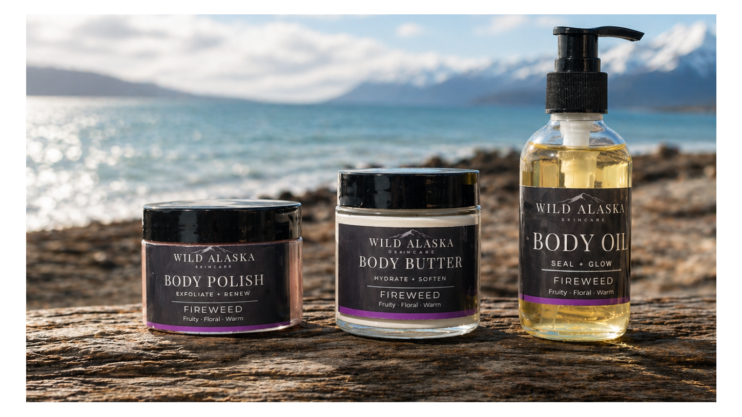 Wild Alaska Skincare products on a wooden surface with a scenic background