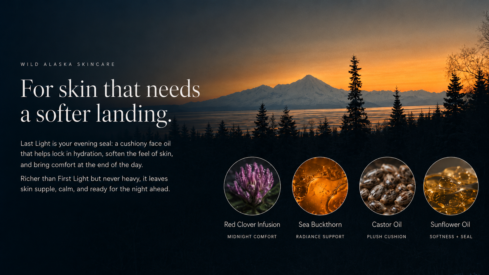 Wild Alaska Skincare 'Last Light' evening face oil advertisement featuring a mountain and forest sunset background, product text, and four circular ingredient callouts: Red Clover Infusion, Sea Buckthorn, Castor Oil, and Sunflower Oil.
