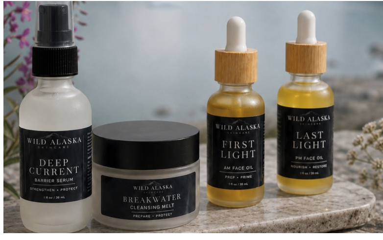 Three skincare products from Wild Alaska are arranged on a stone tray outdoors with a glacier and mountain landscape in the background. The set includes a clear spray bottle labeled 'Deep Current,' a black jar labeled 'Polar Night Cleansing Mint,' and two amber dropper bottles labeled 'First Light' and 'Last Light.