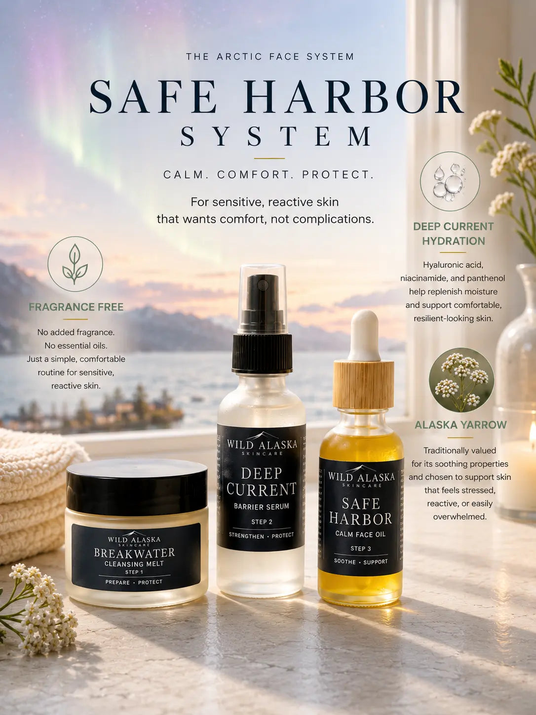Wild Alaska Safe Harbor skincare system with products on a wooden surface.