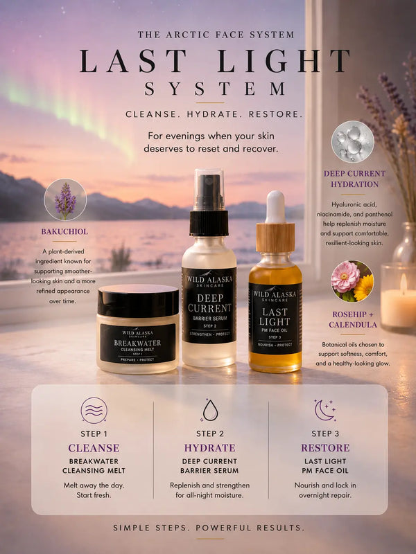 Cosmetic product set with bottles and a jar on a scenic background, featuring text about a skincare system.