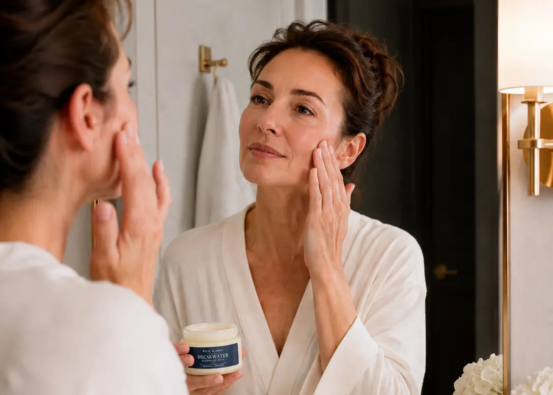 Woman applying cream to her face in front of a mirror