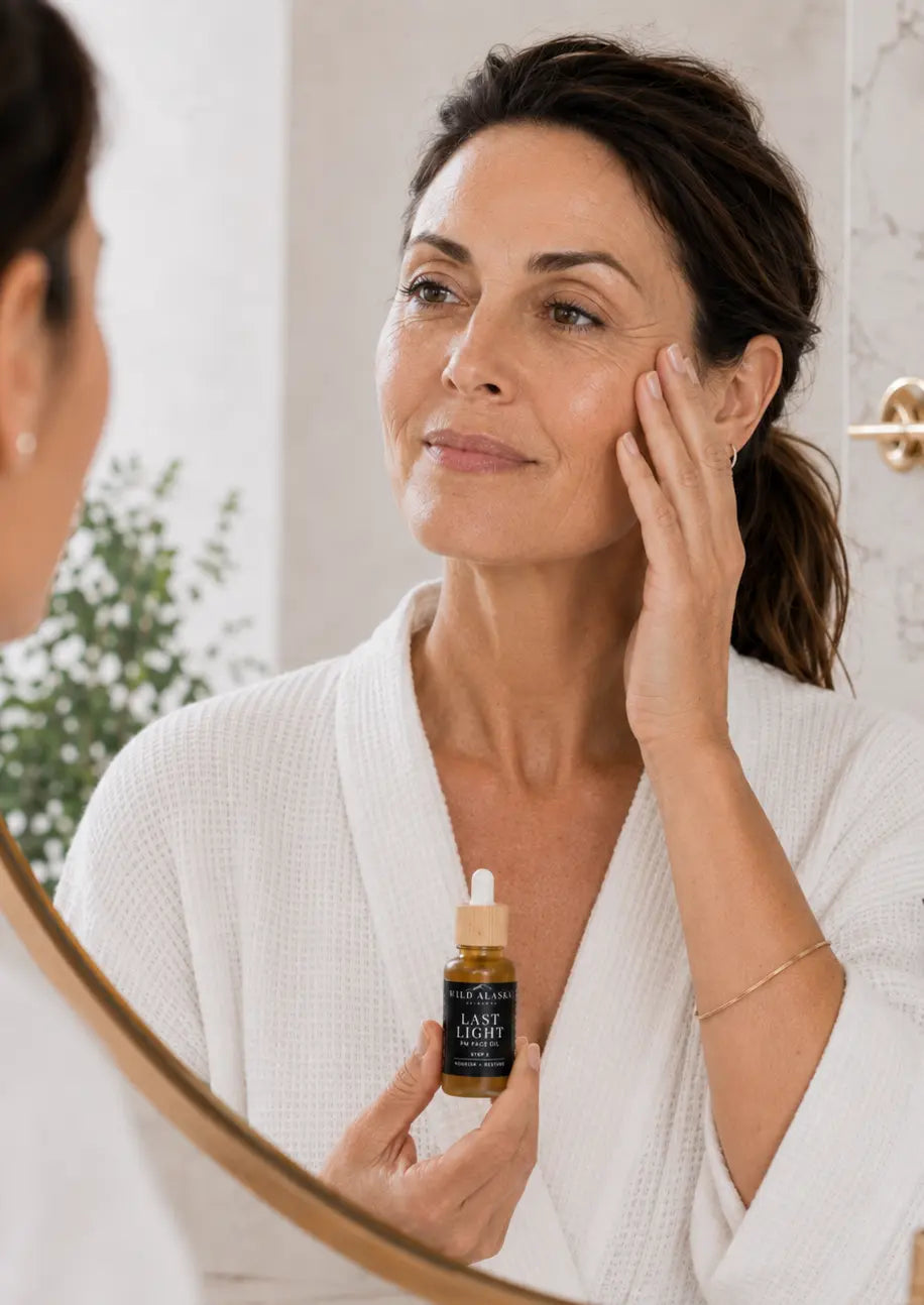 Woman applying skincare product in front of a mirror