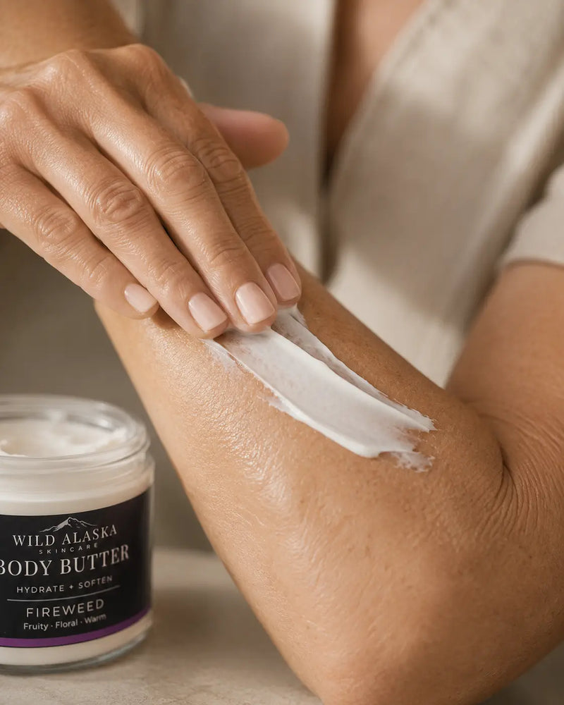 Person applying Wild Alaska Body Butter to their arm with a jar of the product in the background.