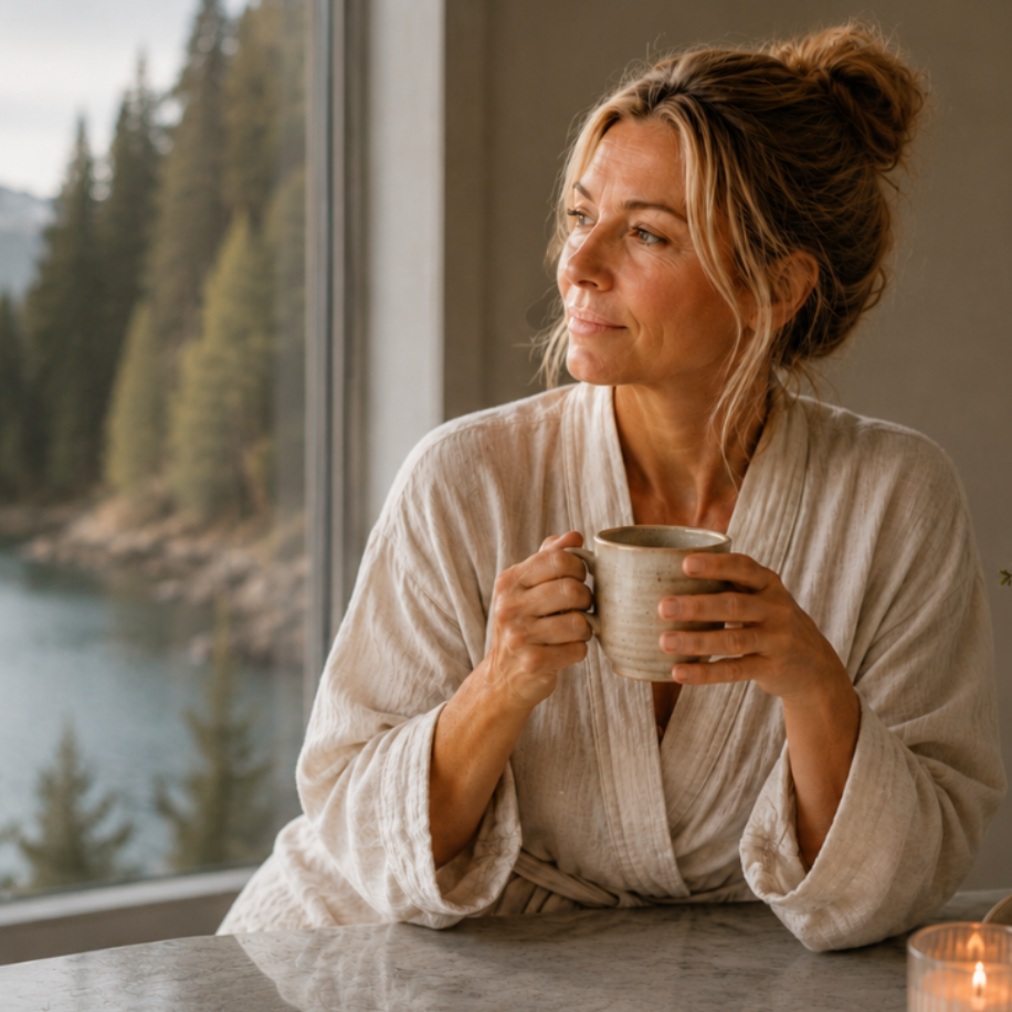 Woman in a robe holding a mug by a window with a scenic view of a lake and mountains.