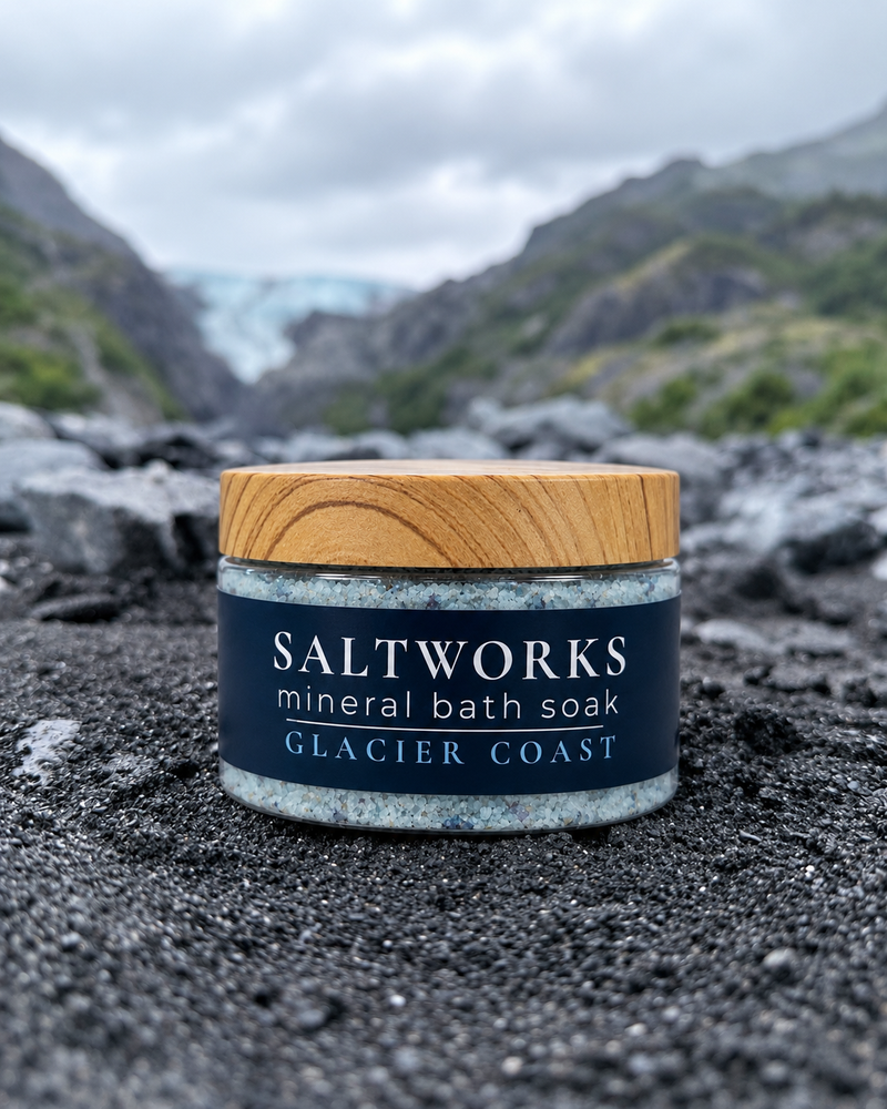 Saltworks Mineral Bath Soak jar in an Alaska-inspired landscape