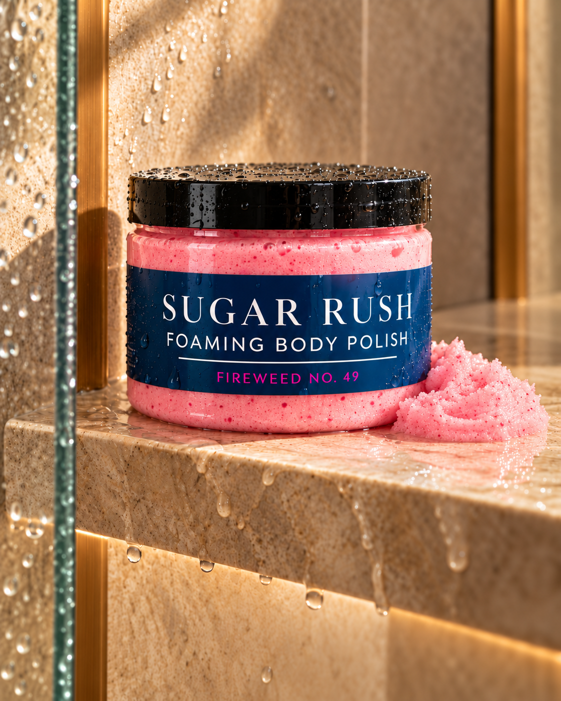 Fireweed shower shot: Sugar Rush Foaming Body Polish in Fireweed No. 49, with pink polish beside the jar on a wet stone shower shelf.