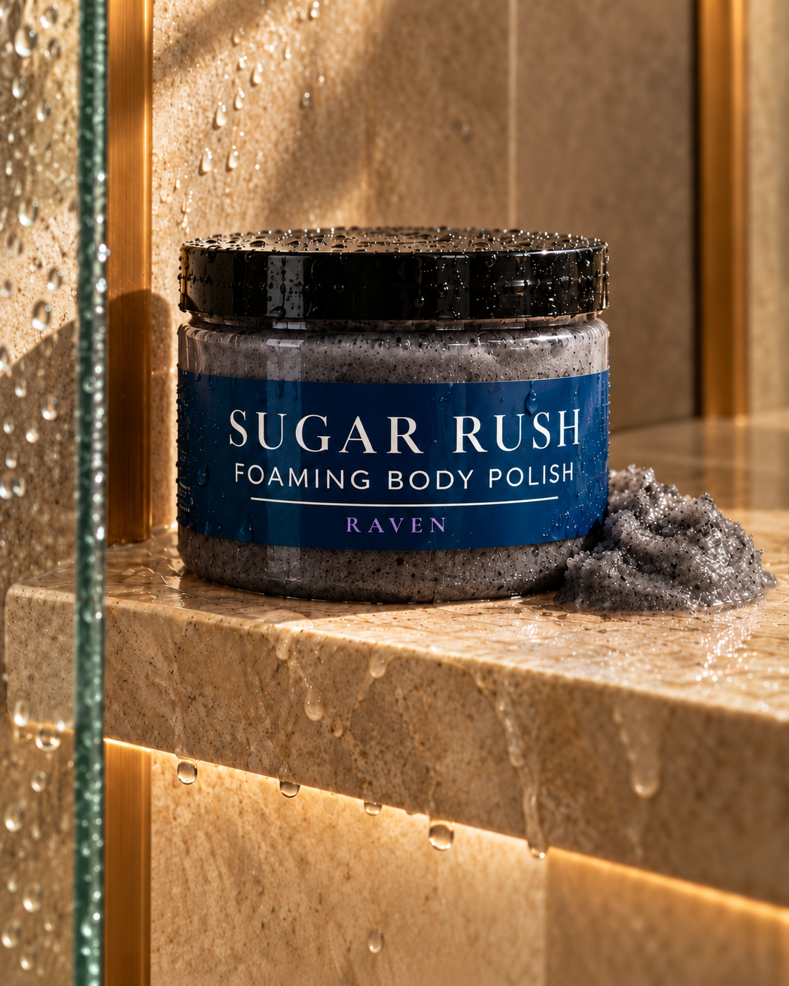 Raven shower shot: Sugar Rush Foaming Body Polish in Raven, with gray polish beside the jar on a wet stone shower shelf.