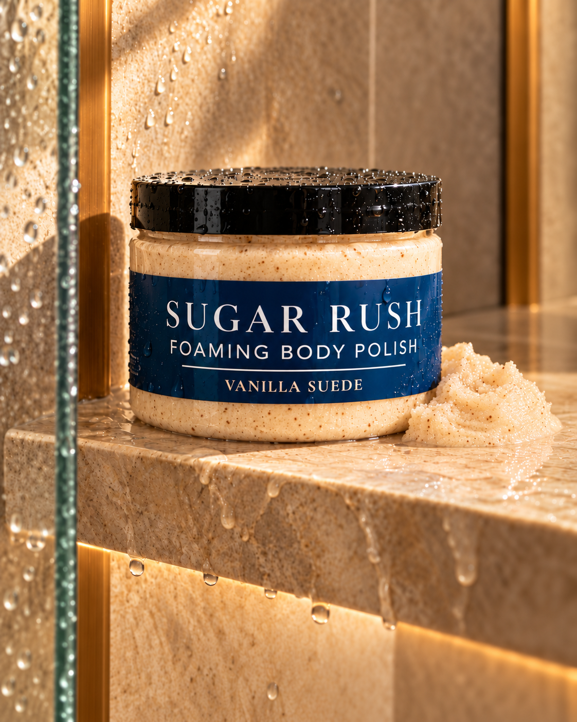 Vanilla Suede shower shot: Sugar Rush Foaming Body Polish in Vanilla Suede, with cream-colored polish beside the jar on a stone shower shelf.