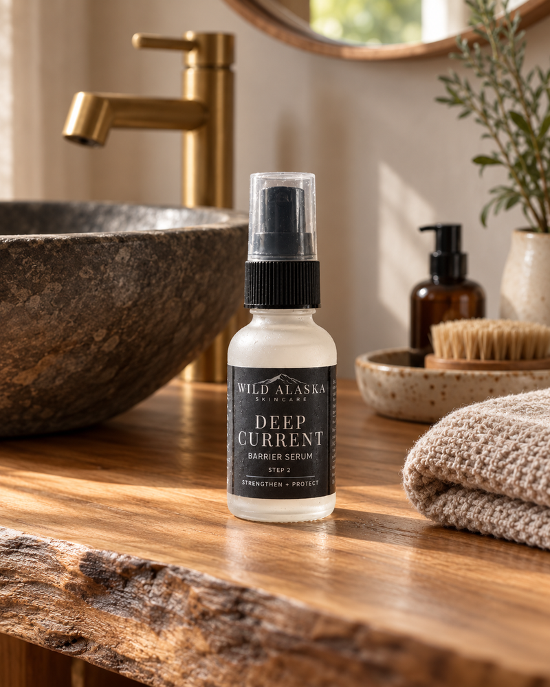 Deep Current Hydration Serum in a warm rustic bathroom setting - Wild Alaska Skincare