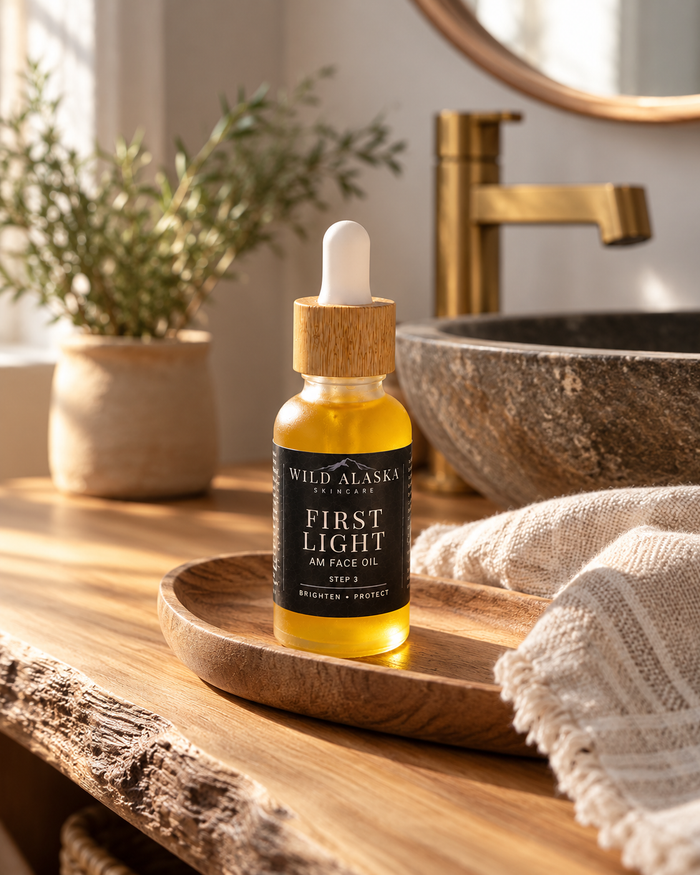 First Light AM Face Oil in a warm rustic bathroom setting - Wild Alaska Skincare