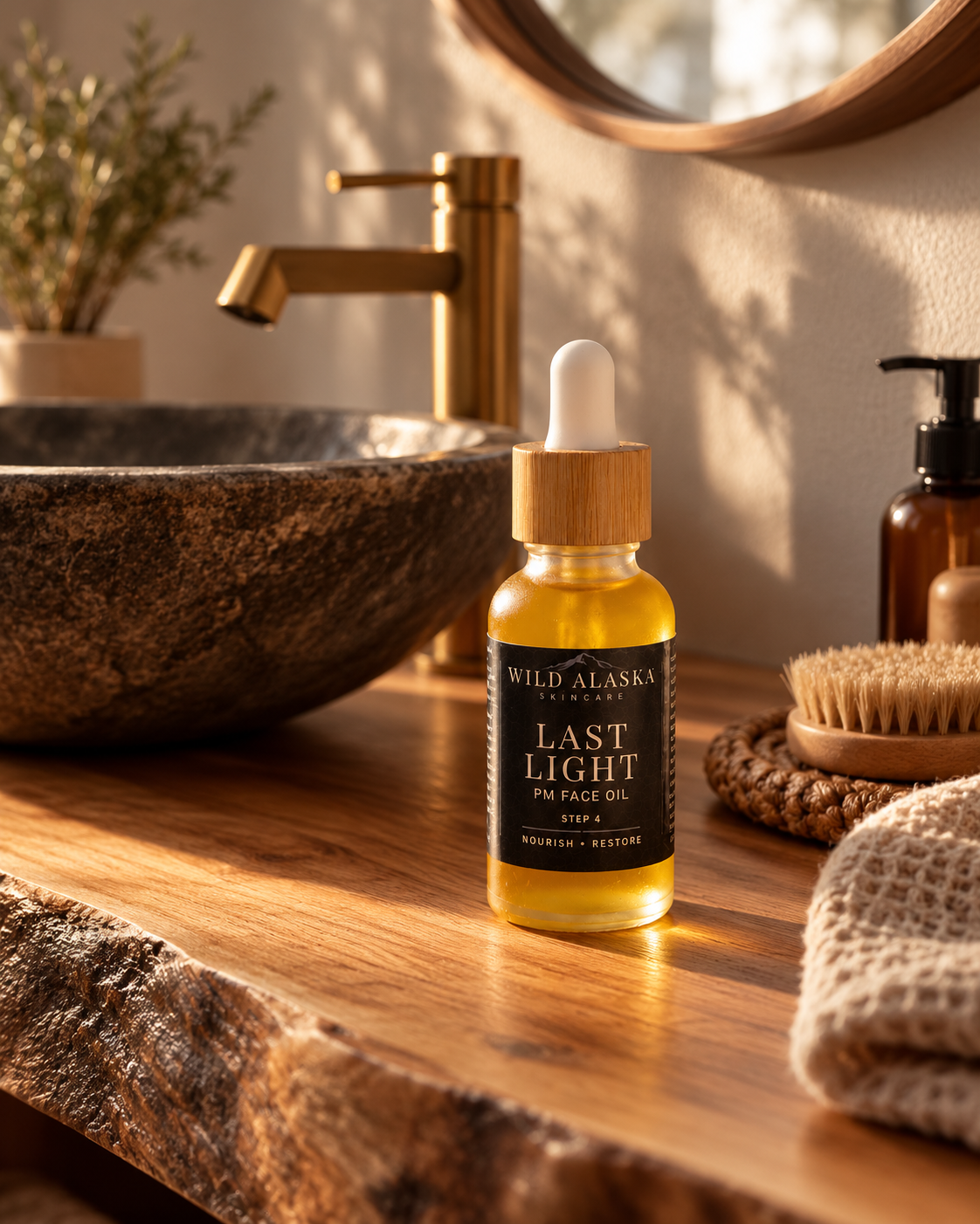 Last Light PM Face Oil in a warm rustic bathroom setting - Wild Alaska Skincare