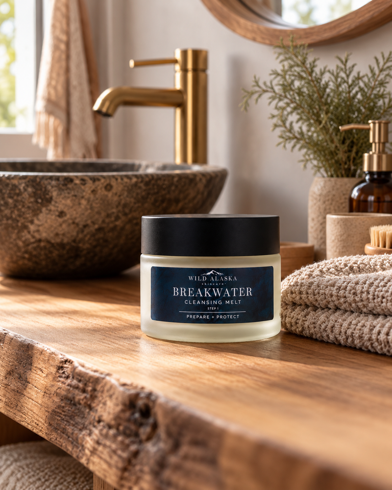 Breakwater Cleansing Melt in a warm rustic bathroom setting - Wild Alaska Skincare