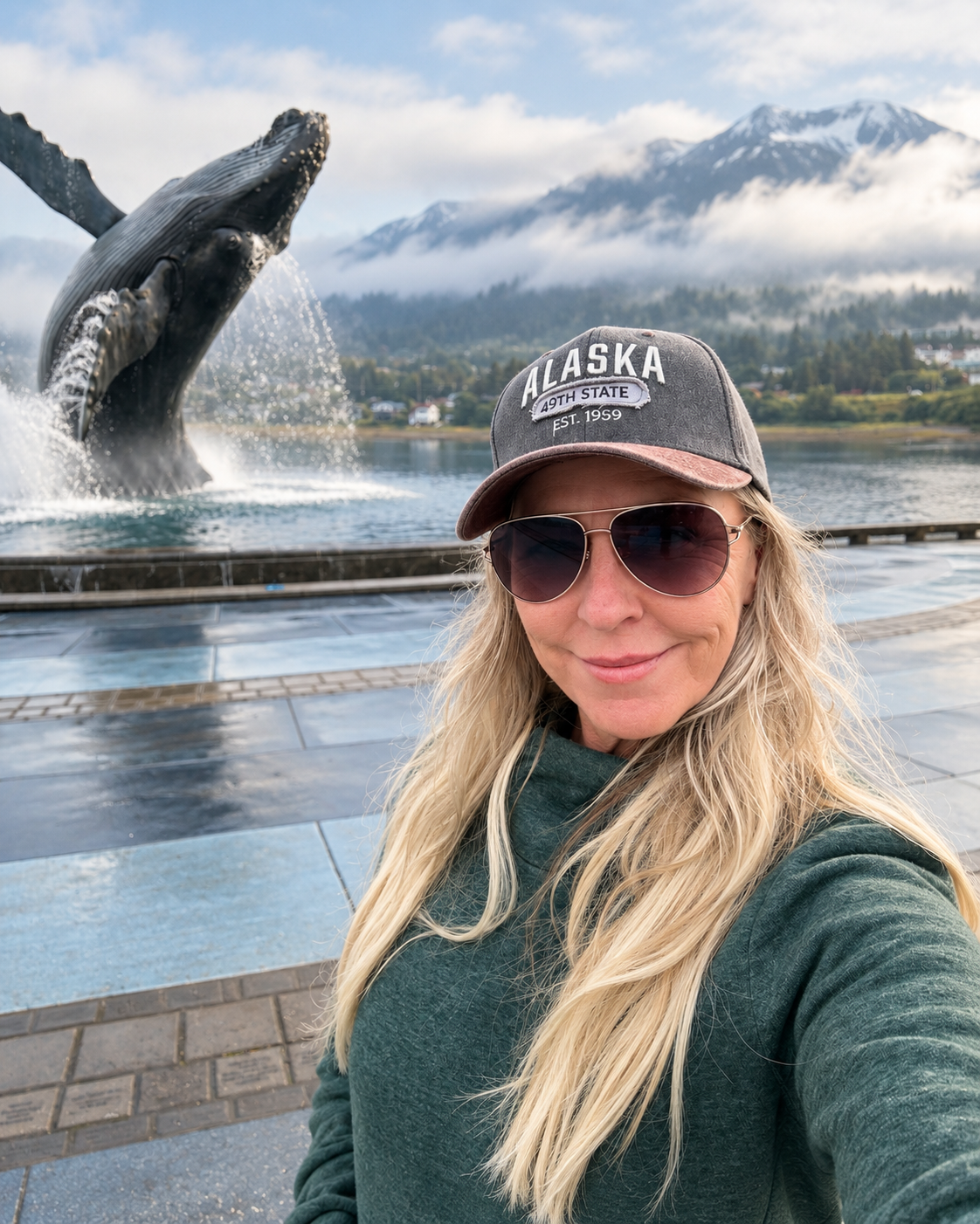 A woman taking a selfie in front of the Alaska Whale statue at Glacier Bay National Park, wearing a dark gray baseball cap with 'ALASKA Whale Watching EST. 1959' printed on it.