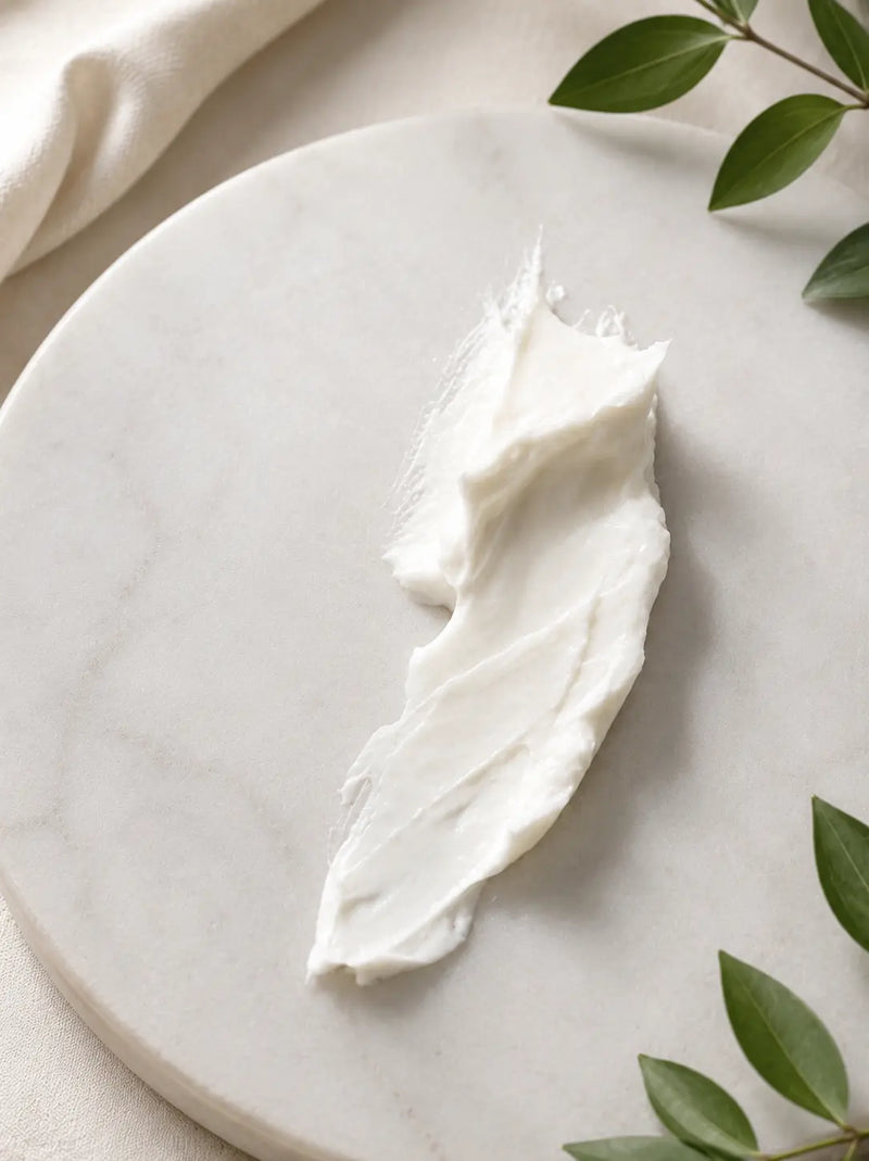 Whipped body butter on a marble plate with green leaves