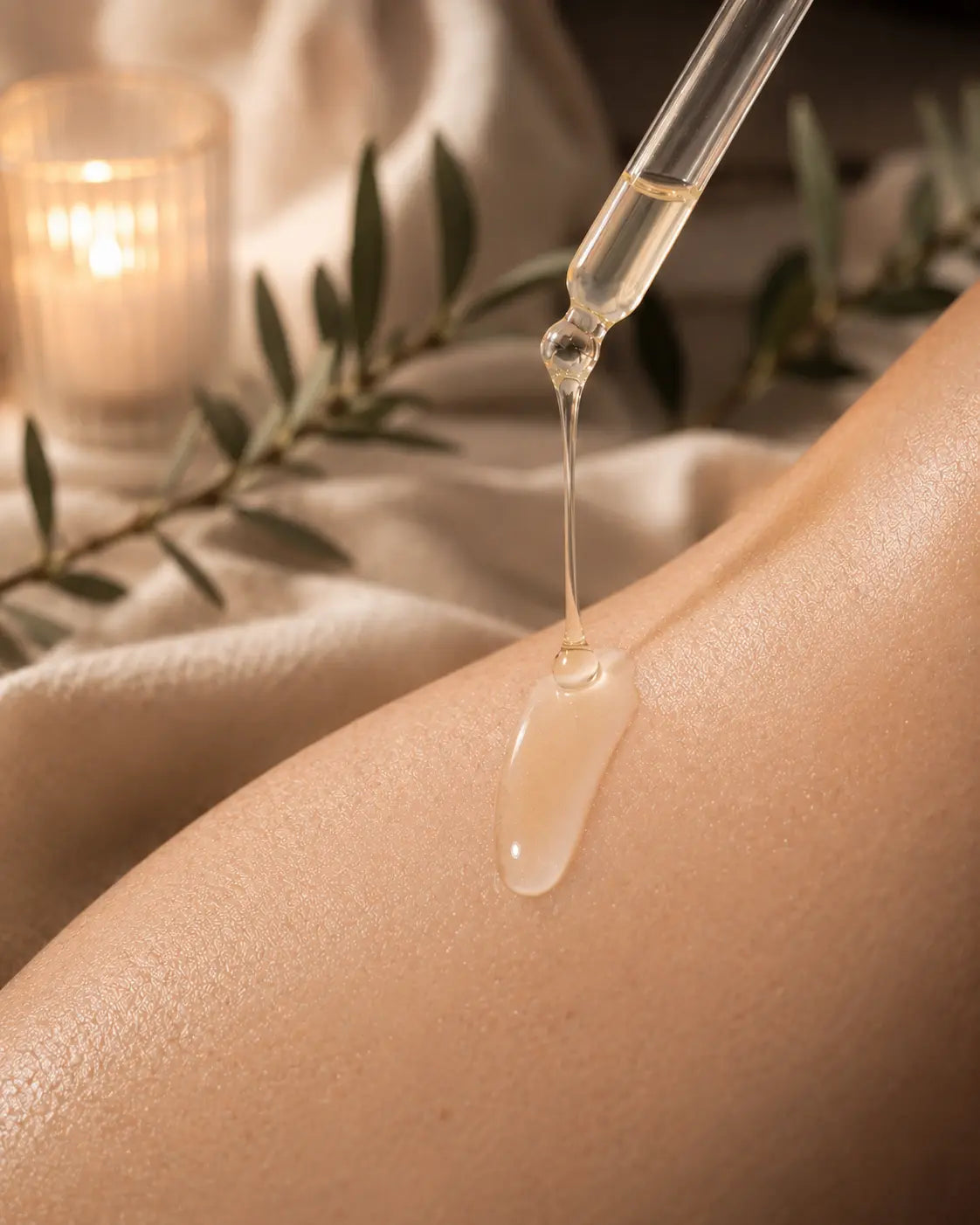 Skincare product being applied with a dropper on skin, surrounded by candles and greenery.