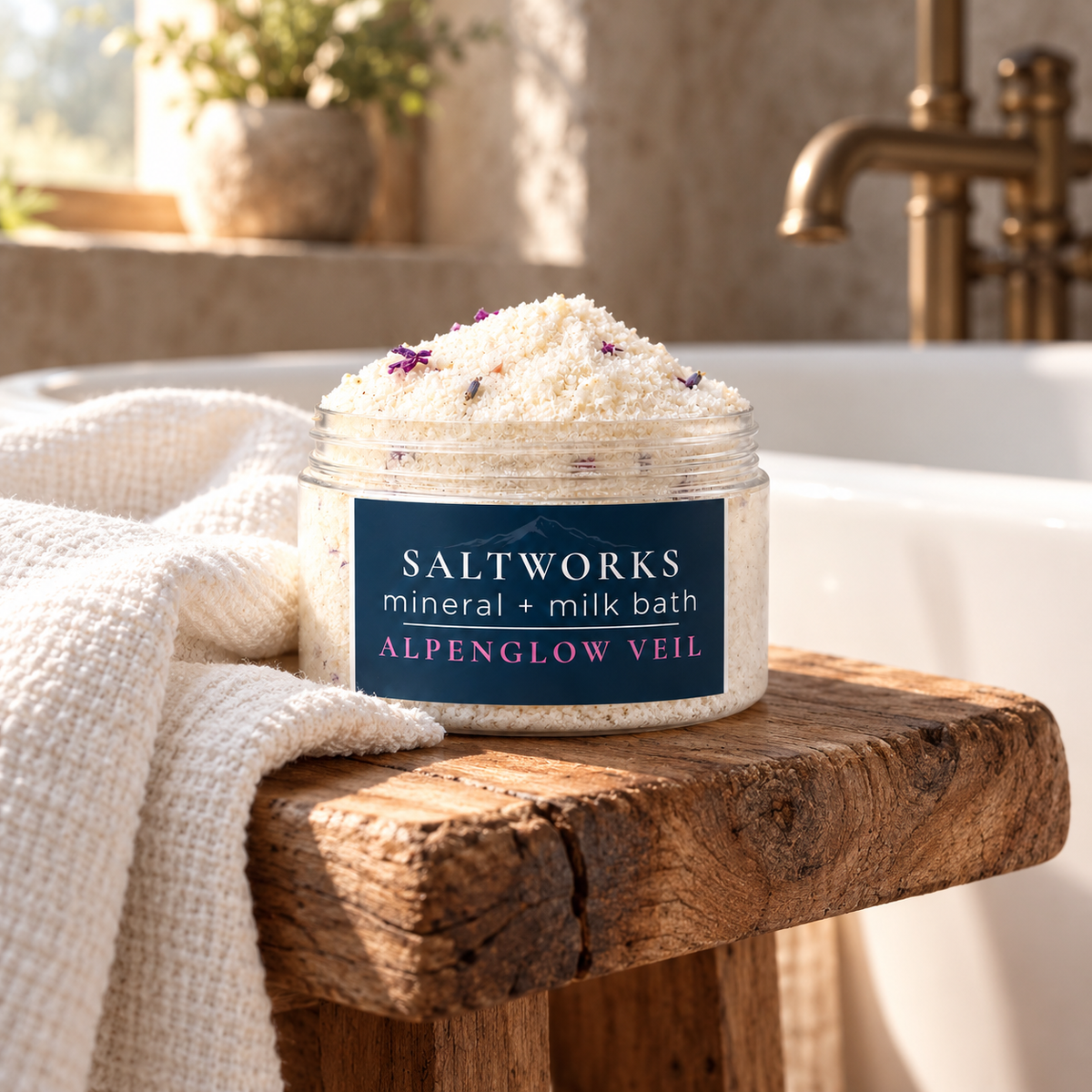 Alpenglow Veil Mineral + Milk Bath beside a white bathtub on a rustic wood table - Wild Alaska Skincare