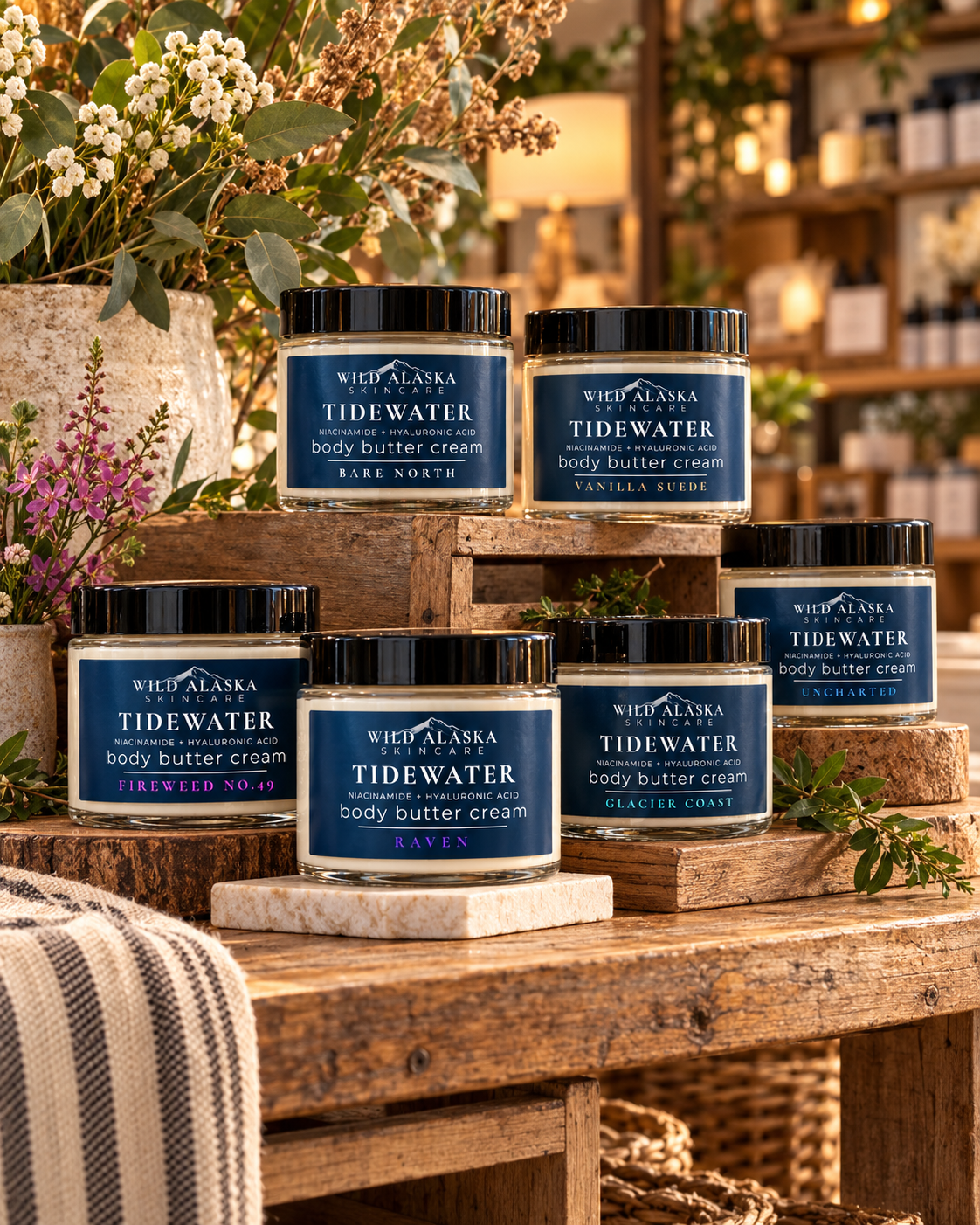 Tidewater Hydrating Body Butter Cream in a warm rustic bathroom setting - Wild Alaska Skincare