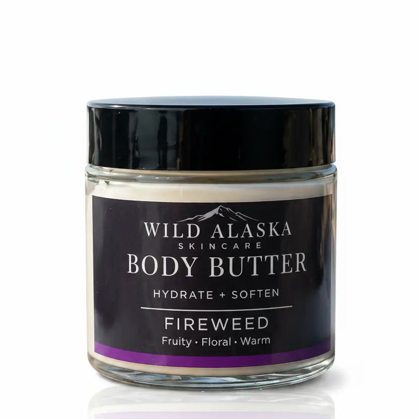 Jar of Wild Alaska Skincare Body Butter with black lid and label on a white background