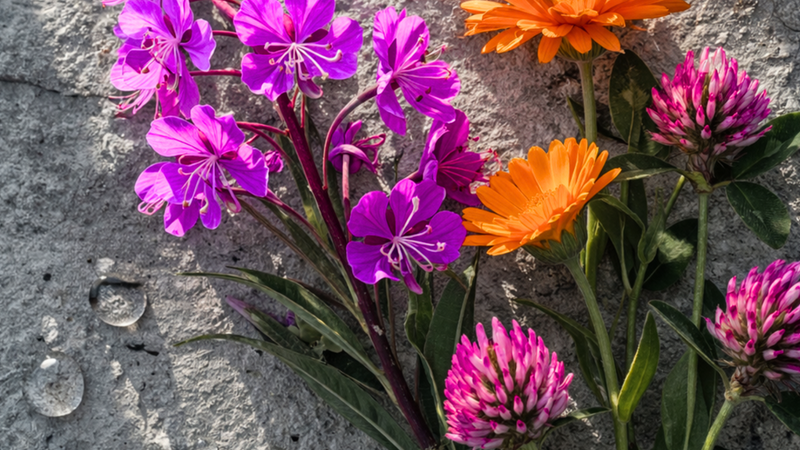 Colorful flowers including purple and orange on a stone surface